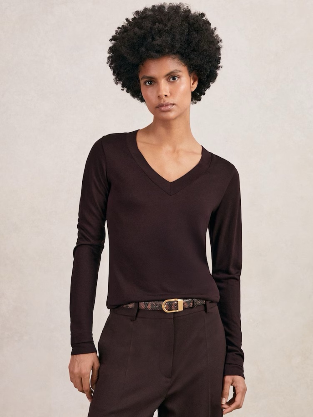 REISS Jersey V-Neck Top in Plum